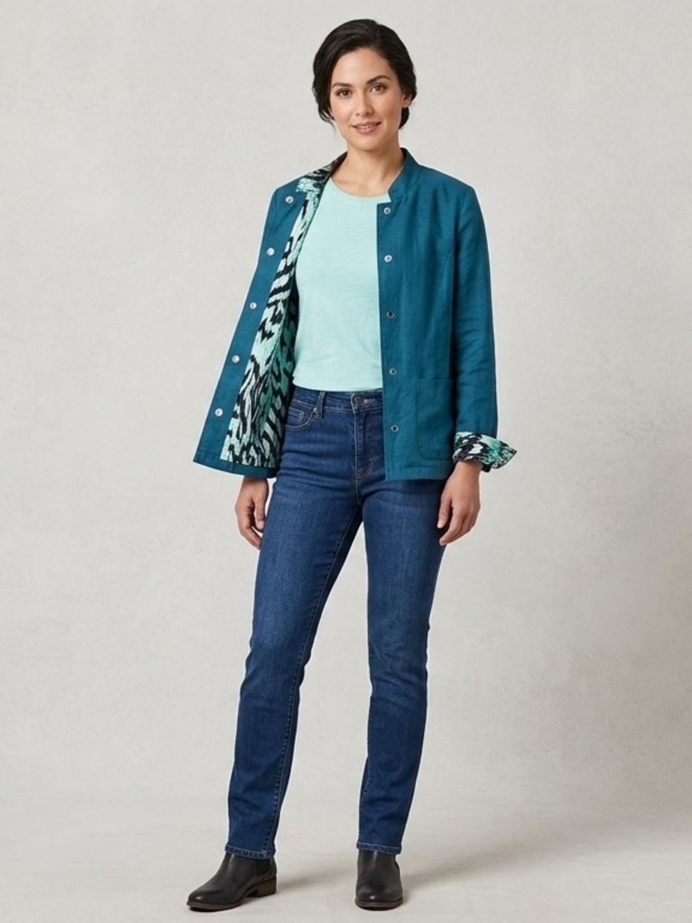 Chico's Teal Reversible Jacket with Patterned Lining